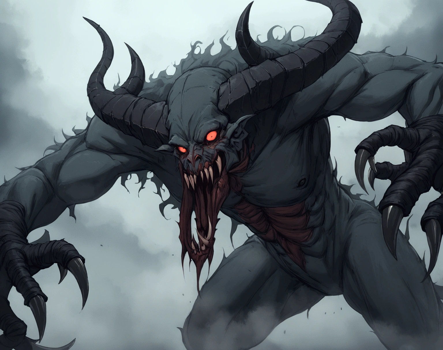 A thin being, grey skinnend, sharp claws and teeth, humpbacked, twisted black horns, in the middle of the fog, Eyes red, Terror