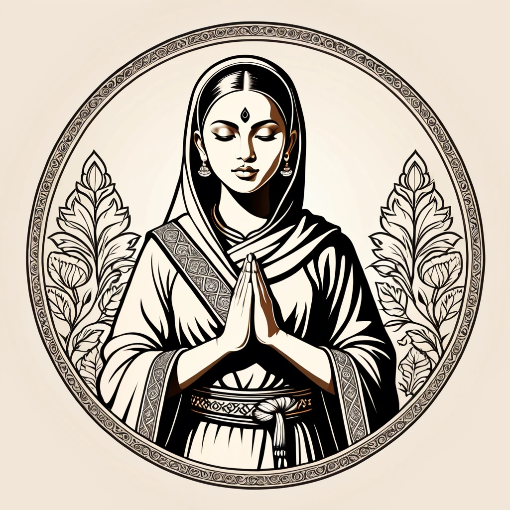 female monk in indian folk outfit, vector graphics, strong contours, logo design