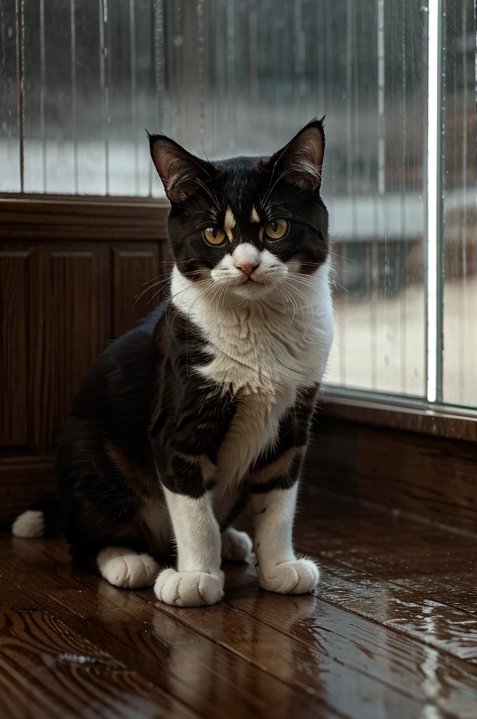 A sad hungry cat inside a rain, make it realistic as possible