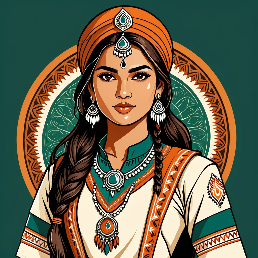 female ranger in indian folk outfit, vector graphics, strong contours, logo design

