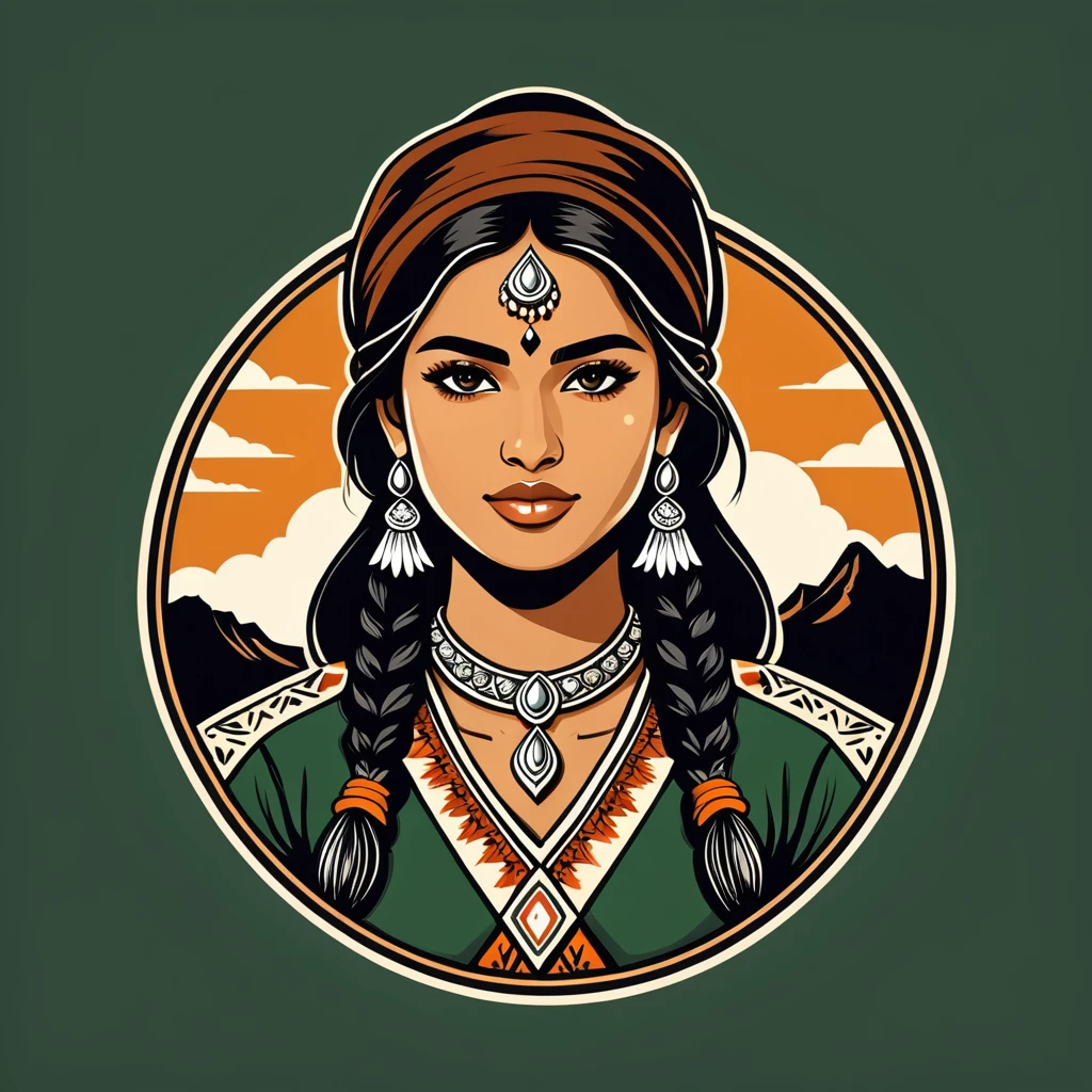female ranger in indian folk outfit, vector graphics, strong contours, logo design