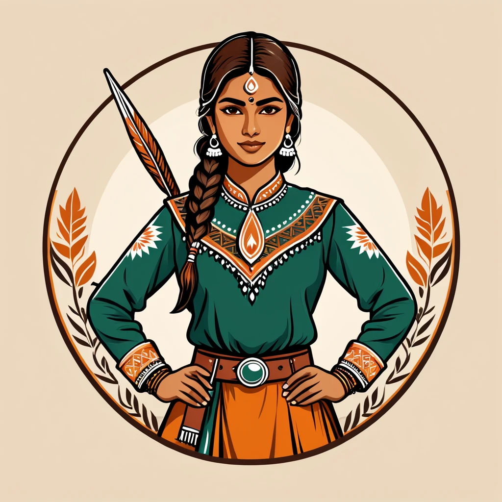 female ranger in indian folk outfit, vector graphics, strong contours, logo design