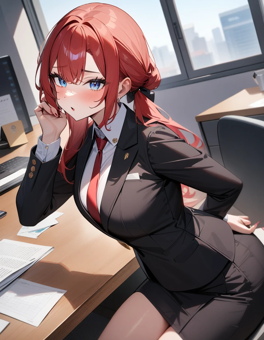1girl, atractive,suit,long red hair,blue eyes,office,masterpiece,very aesthetic,newest,sensitive