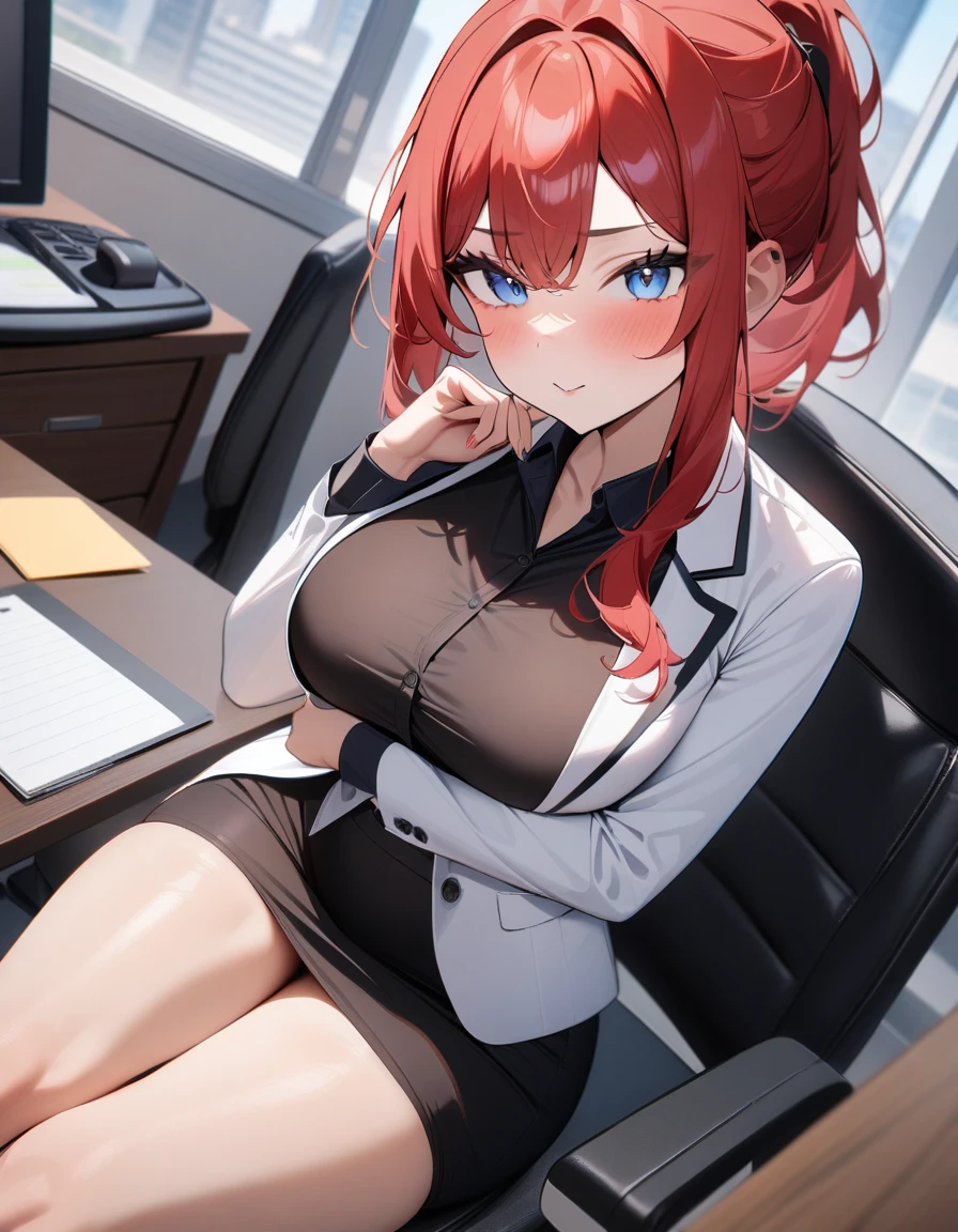 1girl, atractive,suit,long red hair,blue eyes,office,masterpiece,very aesthetic,newest,sensitive