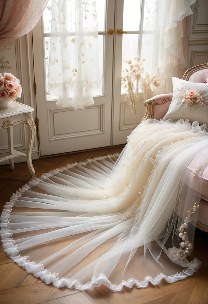 ((background only)),Overhead shot,(((masterpiece))), (((Highest quality))), ((Super detailed)), ((非常にdelicateで美しい)), (最高masterpiece:1.4),delicate,8k,((Frills:1.5))((Beautiful layered tulle wallpaper))((Generate cloth only:1.4)),(Zooming in on the tulle fabric that fills the entire screen:1.4)Collage fabric,ghostwhite,Lots of tulle,Fairy tale,ribbon,Pearl ornament,(Shabby chic),Cute atmosphere,Soft atmosphere