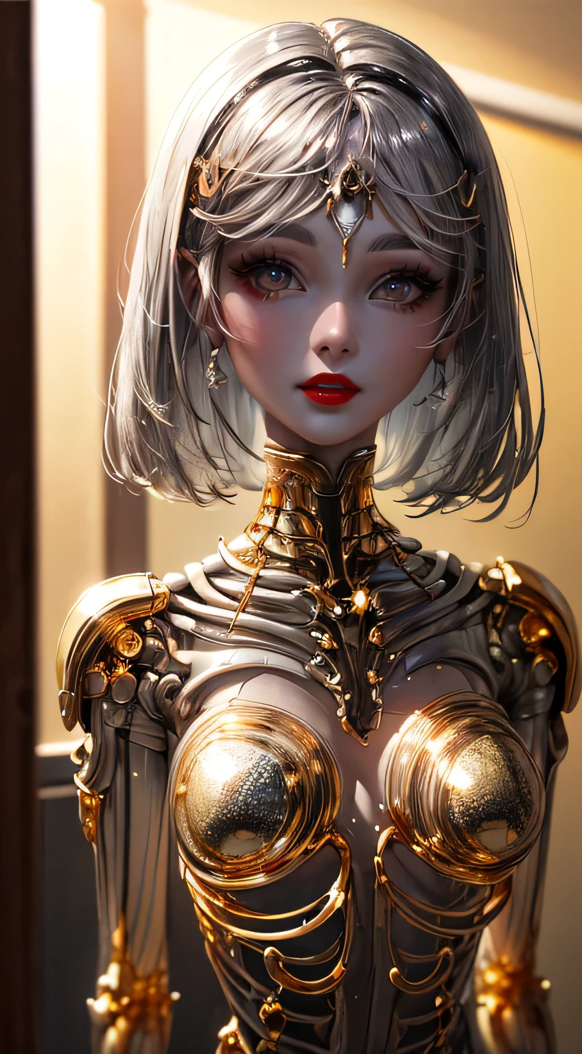 highest quality, masterpiece, High resolution, (Exquisite body: 1.5), Gorgeous face, (metal skin: 1.3), Intricate details, High resolution, wallpaper, whole body, 
whole bodyショット, 1 Girl, Transparent robot body, Naked skeleton, tied to a transparent tube, (((((Gold and silver body parts)))), Pretty, beautiful, perfect face, Big eyes, Silver floating hair, Natural pose, 
16k, High resolution, High Resolution, Depth Field, (Film Grain: 1.1), Book, Golden Hour, (Lens flare), Vignette, rainbow, (Color Grading: 1.5)