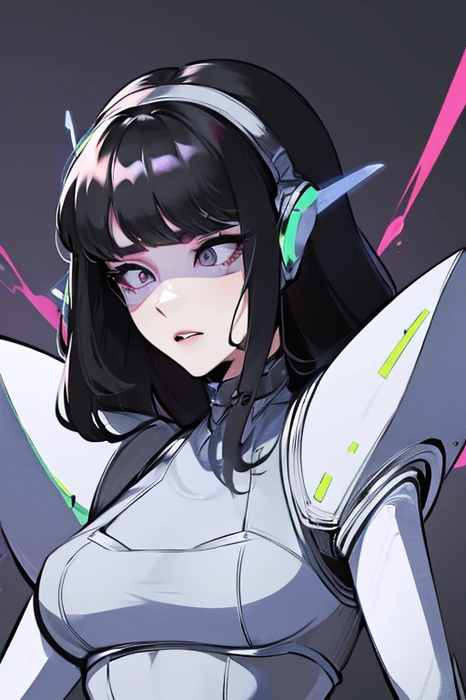 empty eyes,robotized woman ,big bust,Robot Joint ,Metal skin,Black suit