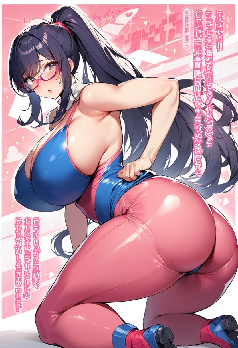 Rocket Girls，High Ponytail，Dark blue long hair，Wearing a pair of full-coverage glasses，Wearing pink tights，Big breasts，Big butt，Pink buttocks，Kneel down，Lift your butt，Good shape