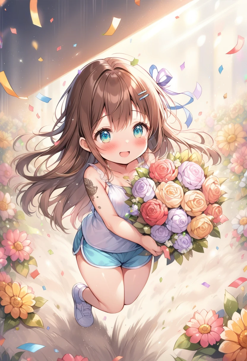 (best quality, masterpiece:1.2),(ultra high quality:1.2),smooth soft skin, natural skin, (super fine illustration:1.2), watercolor, breathtalking Scenery, breathtalking Beauty, breathtalking Cute, 
BREAK
(loli:1.4),(little female child:1.3),mini girl,  baby face,  toddler,6 years old,small breast,  jiggly, skindantation, ultra cute face,oily skin,(highlight on eyes:1.1),little smile,excessive detailed knees, excessive detailed thighs,
BREAK
(long straight hair:1.4), (chocolatebrown hair:1.3),(aqua eyes:1.1),(Shoulder colorful floral pattern tattoo:1.1),(simple floral pattern tattoo:1.1),
BREAK
(hairclip:1.1),(sexy dolphin shorts:1.2),Satin camisole,exposed shoulders,
BREAK
(holding flower bouquet:1.5), (Finger behind the bouquet:1.2), (Hands behind the bouquet:1.5), Ultra detailed flowers, (flowers background:1.1), (Flower bouquet:1.1), Falling petals, celebration, Solo, Congratulations, (blush:1.2), Confetti, (dust particles:1.2), Starshine, bloom effect, bow ribbon,Leaf carpet, Create a mesmerizing display of power and beauty,sunshine,