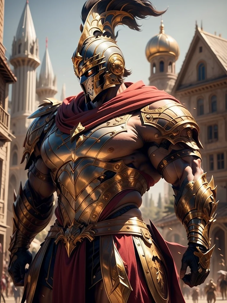 a beautiful warrior in golden Greek armor, Bblack hair, hoplite helmet, muscular, huge and heavy breasts, looking ahead at viewer, from front view, model photo poses, work of art, best qualityer, 8k, nblurry background, medieval fantasy castle in the background