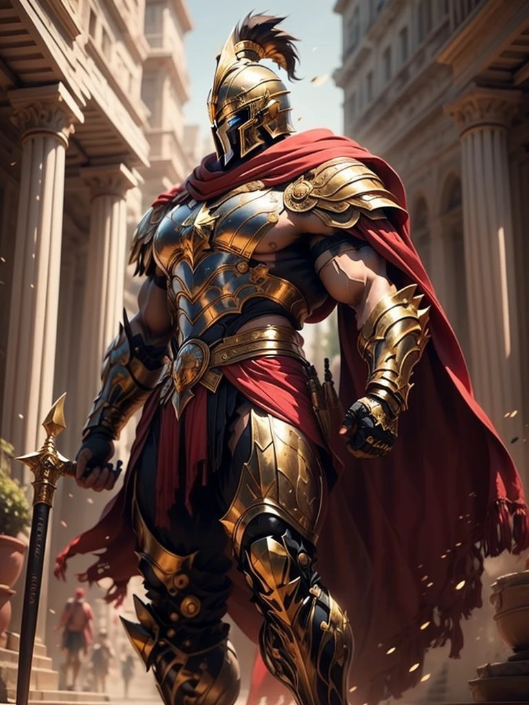 a beautiful warrior in golden Greek armor, Bblack hair, hoplite helmet, muscular, huge and heavy breasts, looking ahead at viewer, from front view, model photo poses, work of art, best qualityer, 8k, nblurry background, medieval fantasy castle in the background