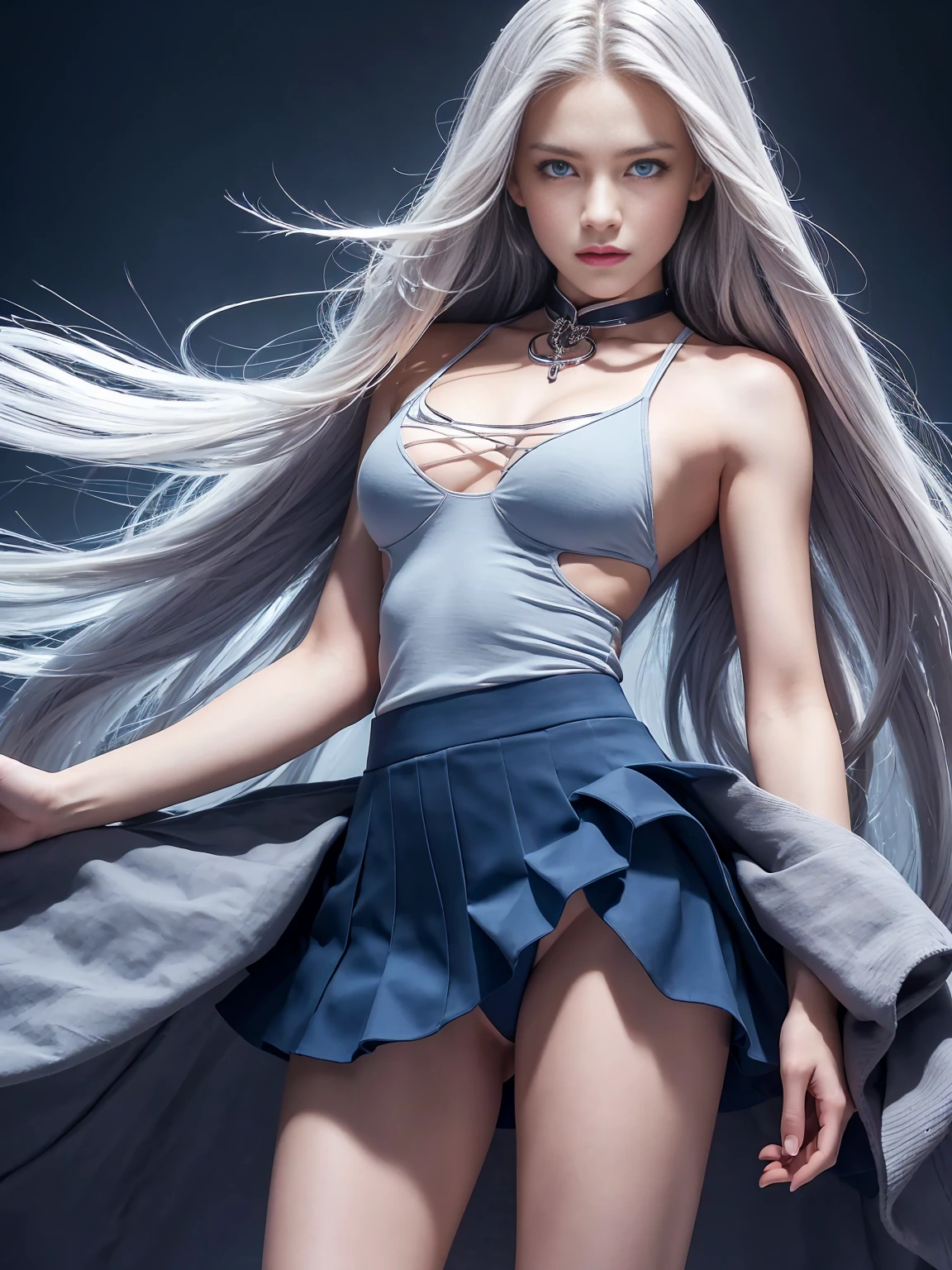 skirt, (Unbroken body), (Perfect body structure), (arms two), (legs two), highest quality, 4K, (High resolution: 1.3) masterpiece , 1.2, Super detailed, HDR, Studio Lighting, Sharp Focus, Bright colors, Portrait, Warm tones, Soft Lighting,Silver Hair、Blue Eyes、long hair、Standing picture, front