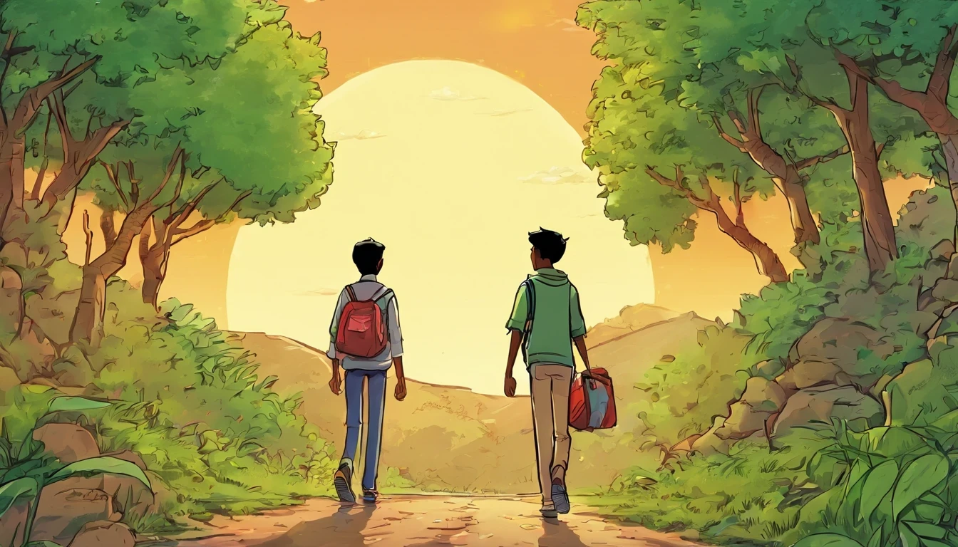 Two friends, Rohan and Kabir, walking home from school during the evening. They are engaged in conversation as they walk along a dirt road. The sun is setting, casting a warm glow on the scene. Tall, lush green trees with large leaves surround them, creating a serene and picturesque atmosphere."