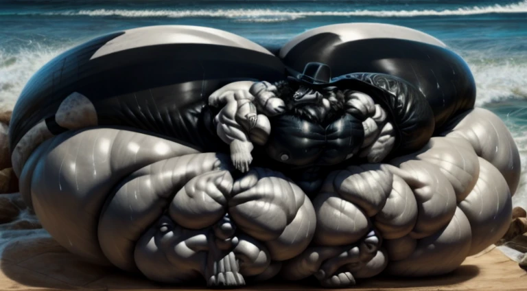 4k, high resolution, best quality, perfect lightning, perfect, solo, anthro, young, boy,white wolf:2.0, furry body, (fluffy mane:1.2), fluffy tail, male, adult, (bulky2:0, thick muscles2:0, huge muscles:2.0, hyper muscles:2.0), (thick biceps, veiny biceps, broad shoulders:2.0), (thick legs, thick calves:1.1), (digitigrade legs, 4 toes:1.2), perfect colors, (photorealistic fur, detailed fur, epic, masterpiece), (suggestive posing:1.2), (seductive smile, lustful grin 1.3), detailed beach,detailed wolf eyes:2.0, by k0suna, by darkgem，nipple ring，hyper arms:2.0，veins,white body,white fur,hyper butt:2.0,hyper paws:2.0，standing，thick legs，thick butts:2.0,sweat body:2.0,massive butt:2.0,black hat,hyper ass:2.0,huge ass,long legs,juicy butt:2.0,butt like a wall:1.5，fat butt,butt fill most of picture:2.0,fat legs