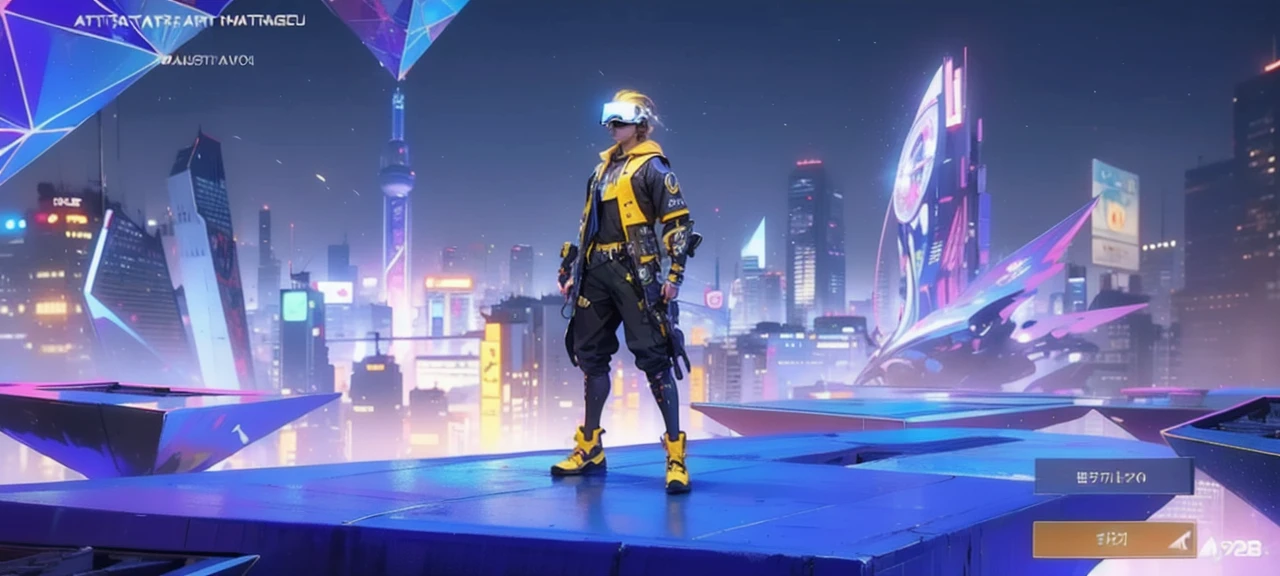 1man,cyberpunk,science fiction,(head-mounted :1.3),glowing,vr glasses,vaporwave,
Best quality,masterpiece,ultra high res,highly detailed, 8k, artstation, concept art, HD,âultra detailed, no blur, trending on artstation, by Alphonse Mucha, generous, warm light, bright, The image shows a fantasy character standing in the center of a circular platform with a purple and red building backdrop. The character with a yellow and white, black color scheme.