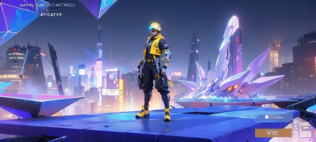 1man,cyberpunk,science fiction,(head-mounted :1.3),glowing,vr glasses,vaporwave,
Best quality,masterpiece,ultra high res,highly detailed, 8k, artstation, concept art, HD,âultra detailed, no blur, trending on artstation, by Alphonse Mucha, generous, warm light, bright, The image shows a fantasy character standing in the center of a circular platform with a purple and red building backdrop. The character with a yellow and white, black color scheme.