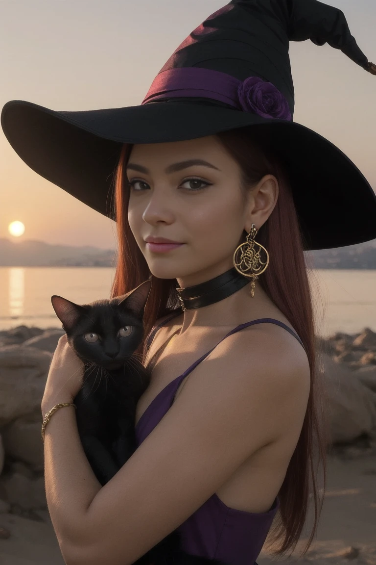 best qualityer, ultra-high resolution, digital photograph, film lighting, (Cor fuji: 1.2), 1womanl, with a Siamese cat in your arms, both looking straight ahead, very pretty and with delicate features, com 30 anos, red hair, with a shy smile, with dirty and dusty futuristic clothes, in purple and black colors, and with golden dragon-style earrings in one ear, with a witch's hat, a black choker, makeup with eye shadow, two golden bracelets on the left arm, red nails, (Close do rosto), clean pores, looking at the audience, background with sunset, well-lit, a cauldron next to her with the words written in blue "Renan is mine", dark and calculating(realisitic: 1.2)