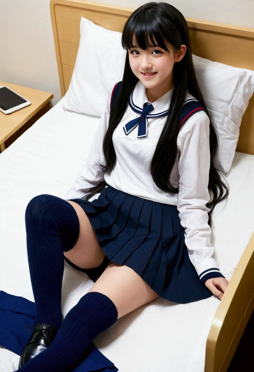 {Highest quality], [so beautiful], [Ultra-fine], [Best illustrations], Browsing Caution,Black Hair, Hime cut, Long Hair, With bangs, girl,high school student,uniform,knit,skirt,smile, blush, Slender women, Adult female,(public),,diagonal, Navy blue knee socks,Black Loafers.night,Health Room,Lying in bed feeling sick, white brouse, 