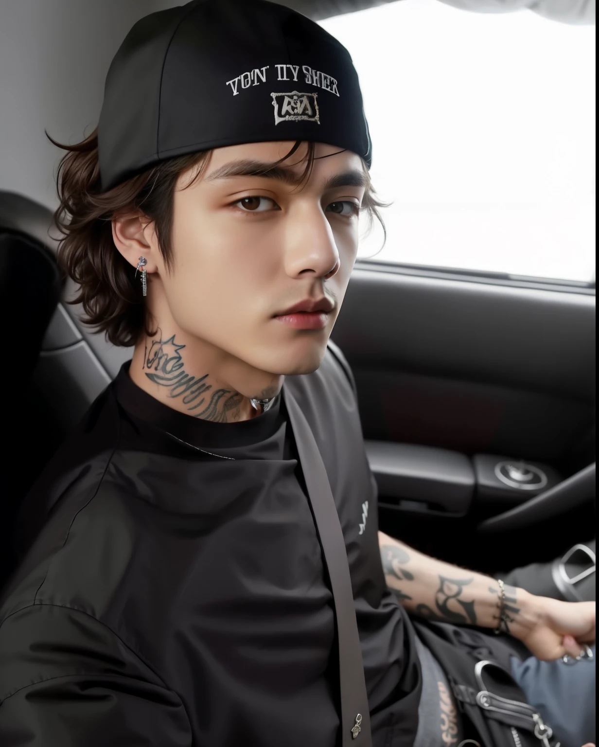 taehyung from bts with tattoo on his neck and jacket, peep, inspired by Oliver Sykes, Styled by Seb McKinnon, he has short curly brown hair, michael angelo inspired, taken at the beginning of 2020, profile image, foto perfil, foto perfil, foto perfil, Matthew 9 5, piercing look, Streamer do Twitch / gamer ludwig