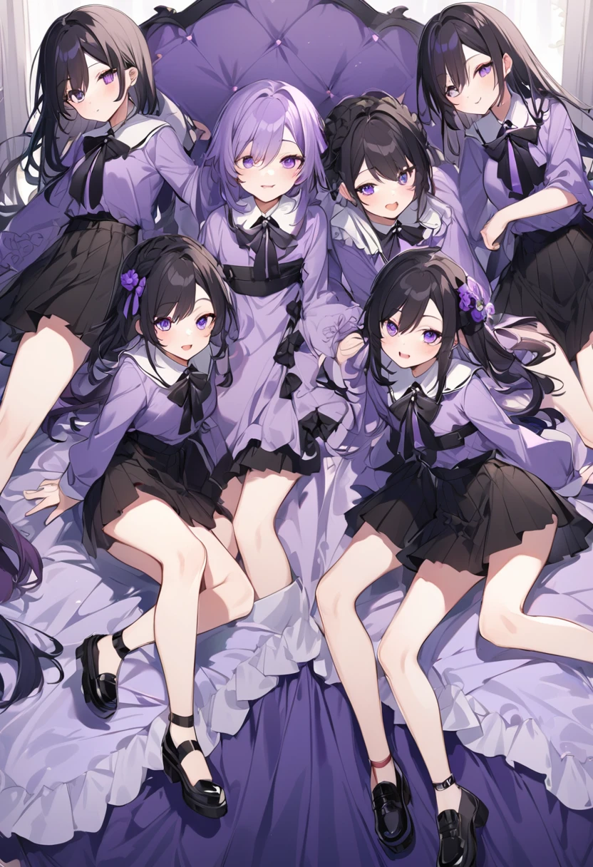 Keito。Purple hoodie。Black Skirt。Purple Eyes。Black Hair。Black shoes下。Black shoes。six sisters。They both have lavender hair。all female。Sextuplets。Purple bed