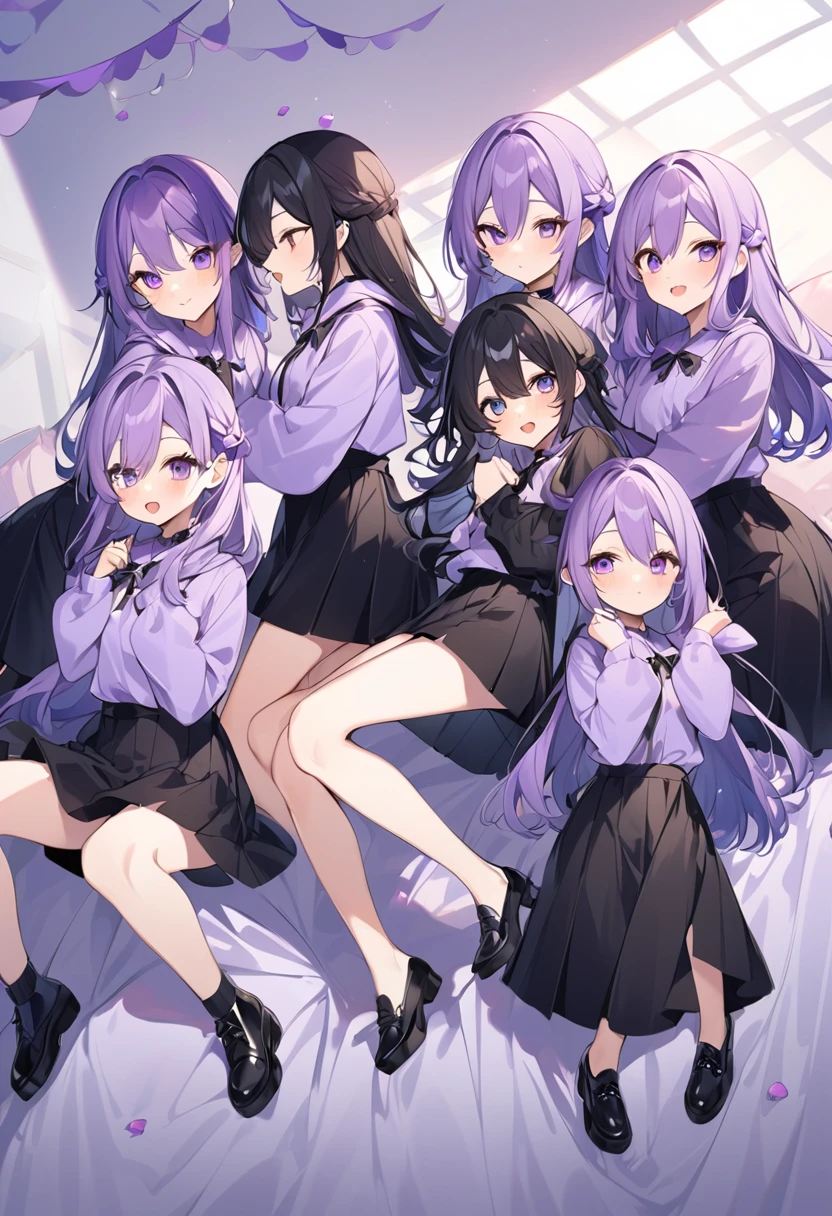 Keito。Purple hoodie。Black Skirt。Purple Eyes。Black Hair。Black shoes下。Black shoes。six sisters。They both have lavender hair。all female。Sextuplets。Purple bed