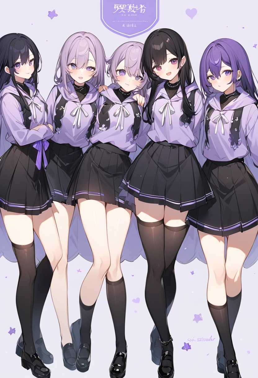 Keito。Purple hoodie。Black Skirt。Purple Eyes。Black Hair。Black shoes下。Black shoes。six sisters。They both have lavender hair。all female。Sextuplets。Purple bed