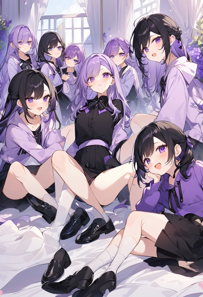 Keito。Purple hoodie。Black Skirt。Purple Eyes。Black Hair。Black shoes下。Black shoes。six sisters。They both have lavender hair。all female。Sextuplets。Purple bed