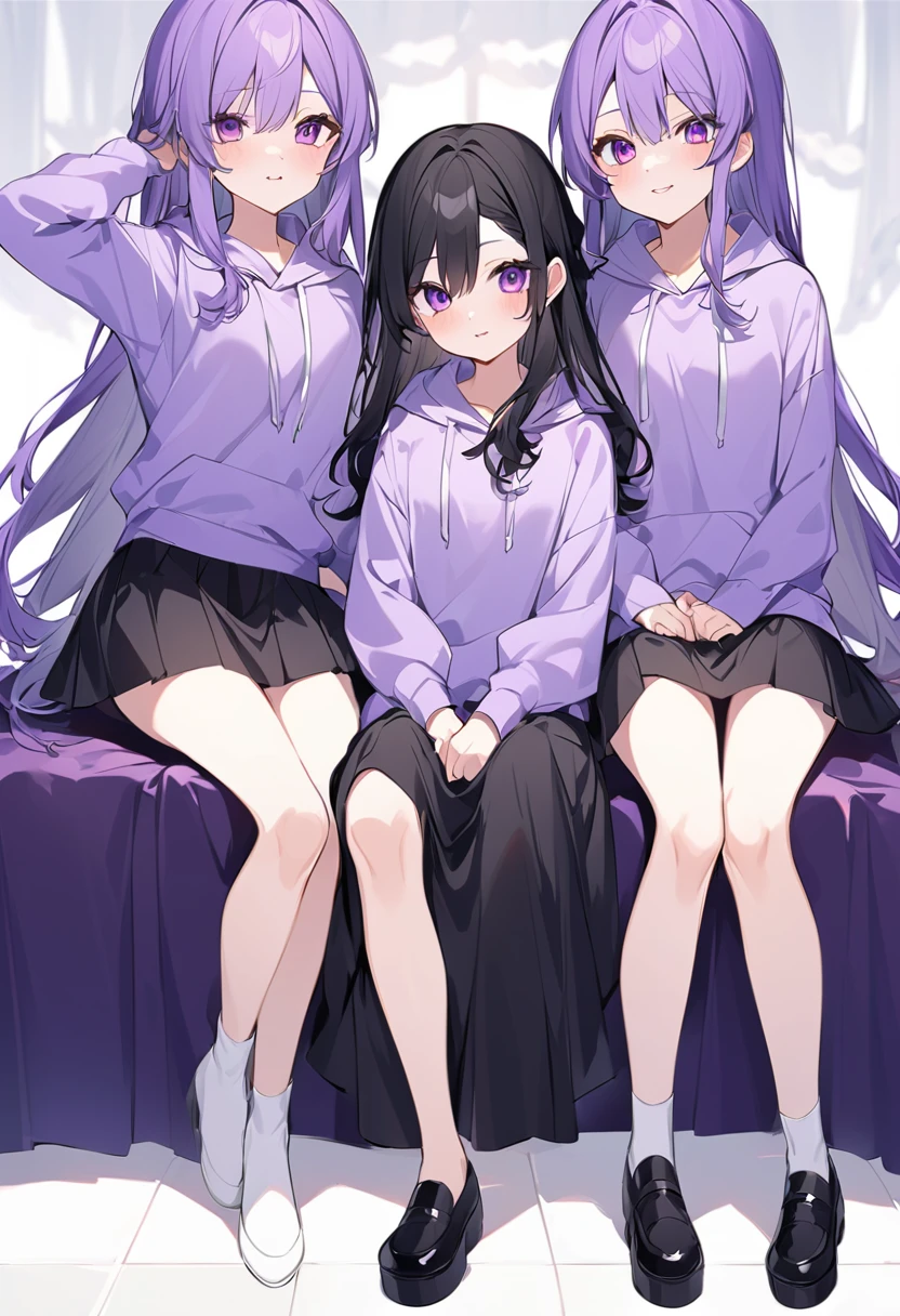Keito。Purple hoodie。Black Skirt。Purple Eyes。Black Hair。Black shoes下。Black shoes。six sisters。They both have lavender hair。all female。Sextuplets。Purple bed