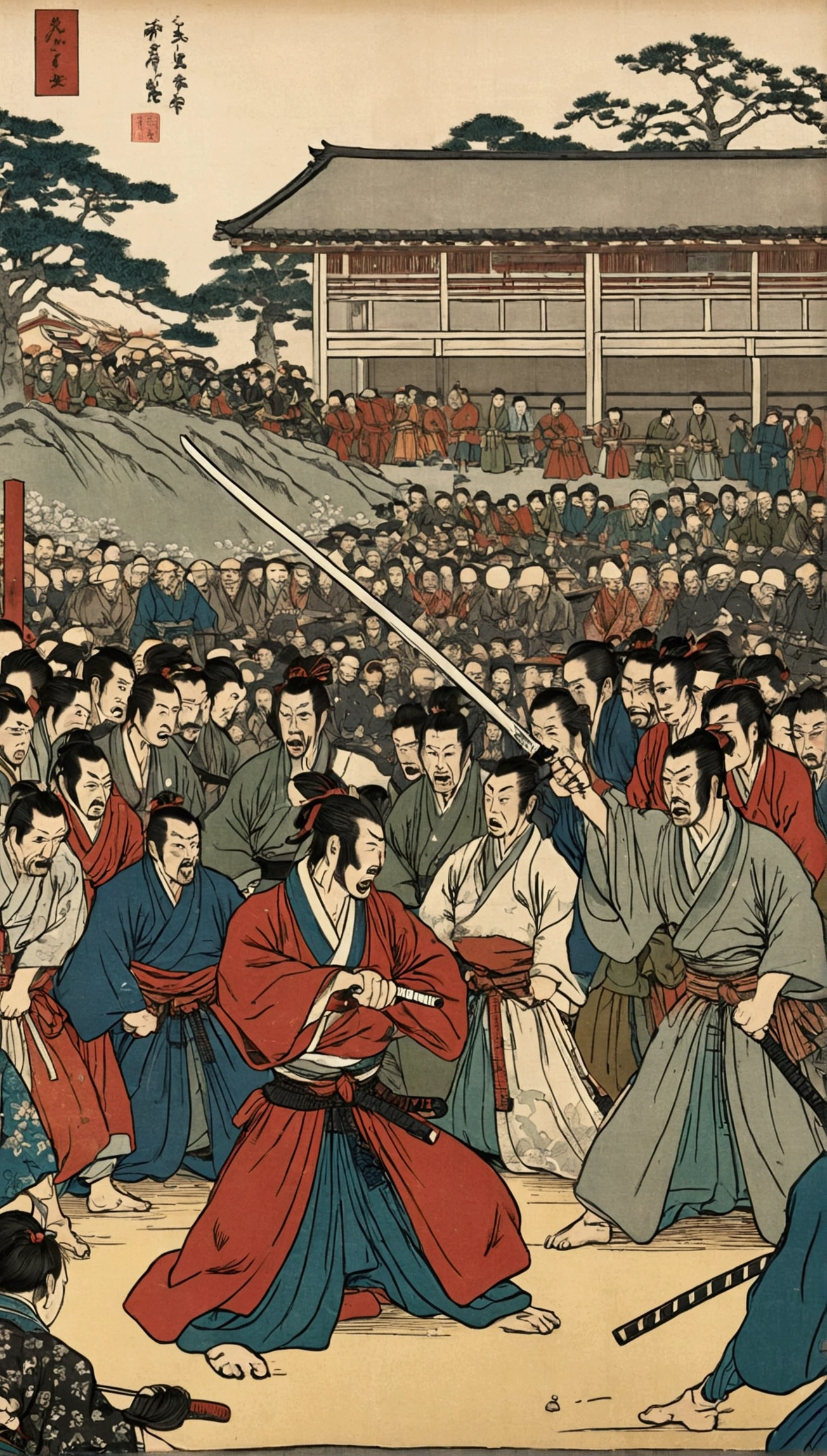 An illustration of a public execution in feudal Japan, showing a samurai executing a rebel, a fearful crowd watching.