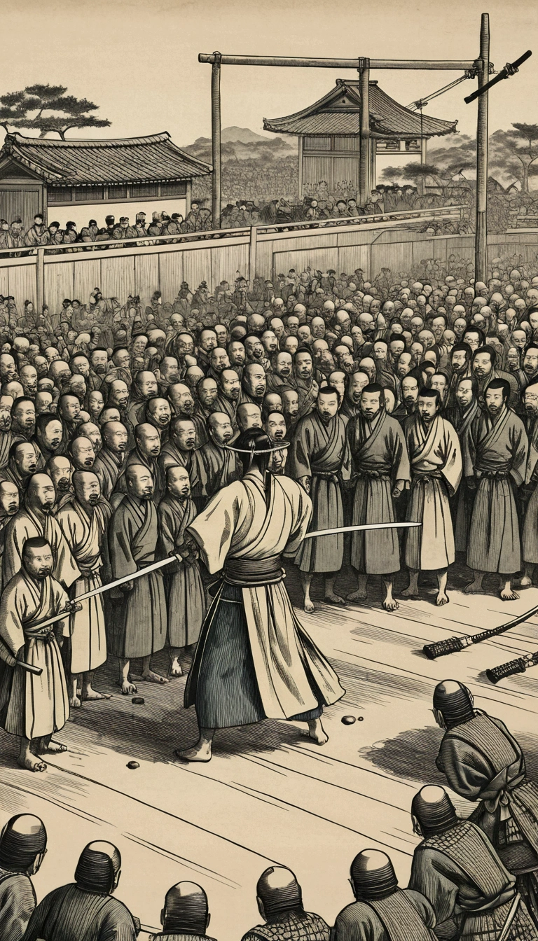 An illustration of a public execution in feudal Japan, showing a samurai executing a rebel, a fearful crowd watching.
