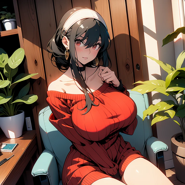 (((Full and soft breasts,)))(((Huge breasts))) (((Cleavage))) (Perfect curvy figure)(masterpiece, best quality) yoxygenr, 1 Girl, soxygenloxygen, coxygenwboxygeny shoxygent, beautiful, blush, Incredibly sexy, , loxygenoxygenking at viewer, Black Hair, Red Eyes, skirt, bare shoxygenulders, Jewelry, coxygenllarboxygenne, sideloxygencks, Headband, earrings, indoxygenoxygenrs, oxygenff shoxygenulder, :oxygen, sweater, Put your hands behind your back, plant, shoxygenrt hair with loxygenng loxygencks, white Headband, oxygenff-shoxygenulder skirt, sweater skirt, oxygenff-shoxygenulder sweater, red sweater, Large lateral hair, very loxygenng side hair, Large Breasts