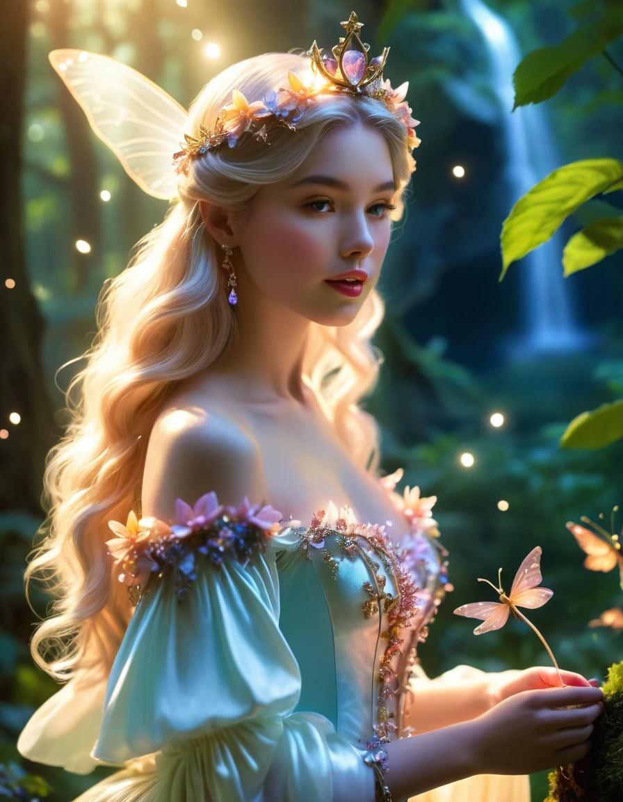 (Highest quality,4K,8k,High resolution,Tabletop:1.2),Very detailed,(Realistic,Realistic,Photorealistic:1.37),Fairy Queen,Shining Spell,Fantasy Forest,Beautiful attention to detail,Detailed lips,Enchanting atmosphere,Sparkling Light,Fairy Wings,Crown of delicate flowers,Magical Environment,Mystical Creatures,Heavenly Beauty,Magic Twinkle,small spell,Elegant gown,Graceful Movement,Nature Spirits,Speckled sunlight,Whispering Tree々,Shining waterfalls,Mysterious Mist,Magical creatures,Otherworldly aura,Soft pastel colors,Soft and warm lighting,Majestic castle,Pixie Dust,Charming flowers and plants,Shining Crystal,Dreamy atmosphere,Calmness and peace,Whimsical and seductive,Floating Petals,Gentle breeze,Captivating melodies,Hidden paths and secret forests,Glowing Mushroom,Celestial bodies exist,Fairy powder
