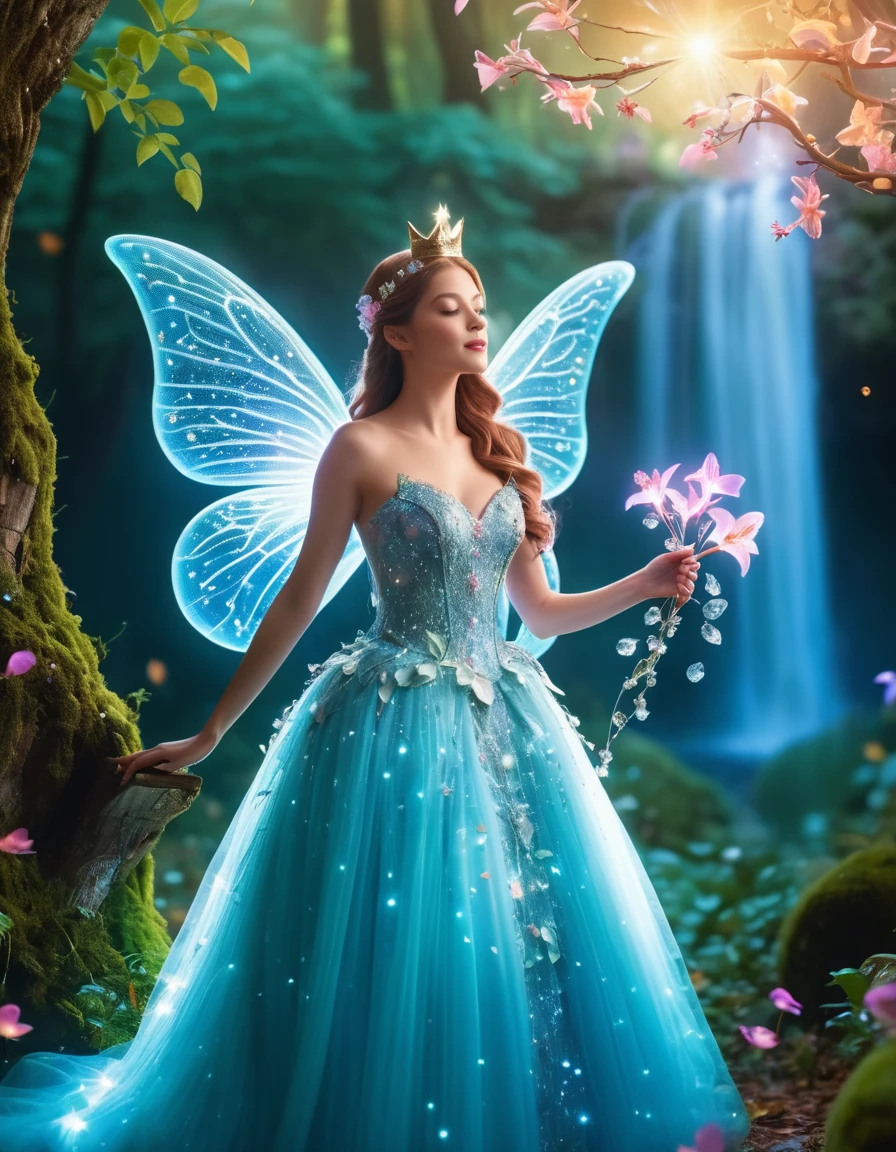 (Highest quality,4K,8k,High resolution,Tabletop:1.2),Very detailed,(Realistic,Realistic,Photorealistic:1.37),Fairy Queen,Shining Spell,Fantasy Forest,Beautiful attention to detail,Detailed lips,Enchanting atmosphere,Sparkling Light,Fairy Wings,Crown of delicate flowers,Magical Environment,Mystical Creatures,Heavenly Beauty,Magic Twinkle,small spell,Elegant gown,Graceful Movement,Nature Spirits,Speckled sunlight,Whispering Tree々,Shining waterfalls,Mysterious Mist,Magical creatures,Otherworldly aura,Soft pastel colors,Soft and warm lighting,Majestic castle,Pixie Dust,Charming flowers and plants,Shining Crystal,Dreamy atmosphere,Calmness and peace,Whimsical and seductive,Floating Petals,Gentle breeze,Captivating melodies,Hidden paths and secret forests,Glowing Mushroom,Celestial bodies exist,Fairy powder