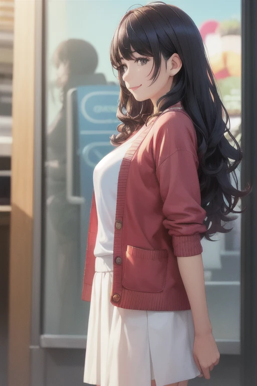 girl,Character design sheet,Beautiful attention to detail,Beautiful lip detail,Very detailed目と顔,Long eyelashes,Realistic,photoRealistic:1.37,Very detailed,Professional,Vibrant colors,Portraiture,Studio Lighting,Sharp focus,Physically Based Rendering,High resolution,超High resolution. blue eyes,Big eyes， Long Hair，Curly hair、Black Hair，Red cheeks，Droopy eyes，Small breasts，Jacket，Red cardigan，White T-shirt，White long skirt，，movie theatre，profile，smile