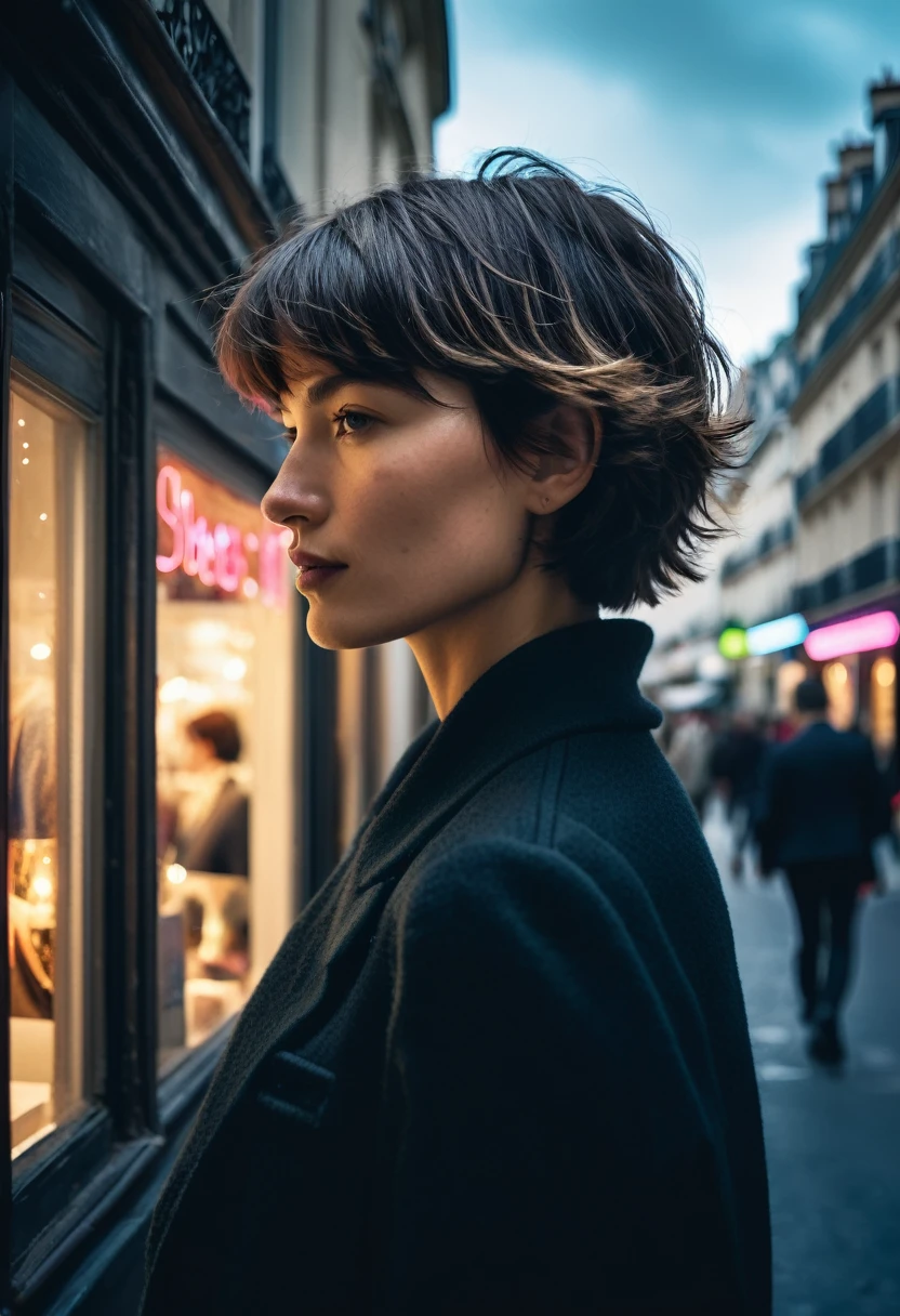 Street photography photo of a stylish French girl, with short hair, capturing her while window-shopping, upper body framing, on a quaint Parisian street, with neon lighting from shop signs, shot from a high angle, with a (bokeh effect:1.3), (in the style of Steven Klein:1.4)