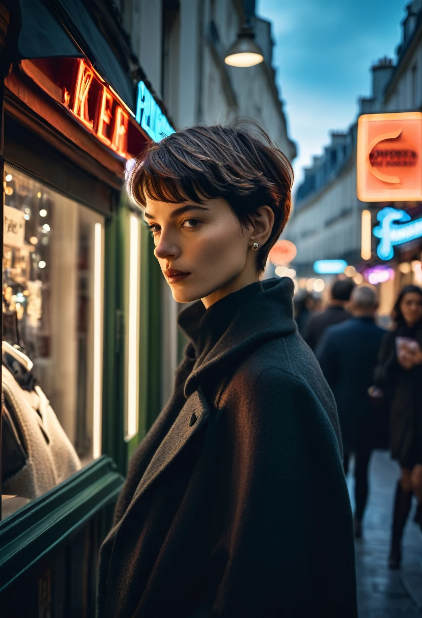Street photography photo of a stylish French girl, with short hair, capturing her while window-shopping, upper body framing, on a quaint Parisian street, with neon lighting from shop signs, shot from a high angle, with a (bokeh effect:1.3), (in the style of Steven Klein:1.4)