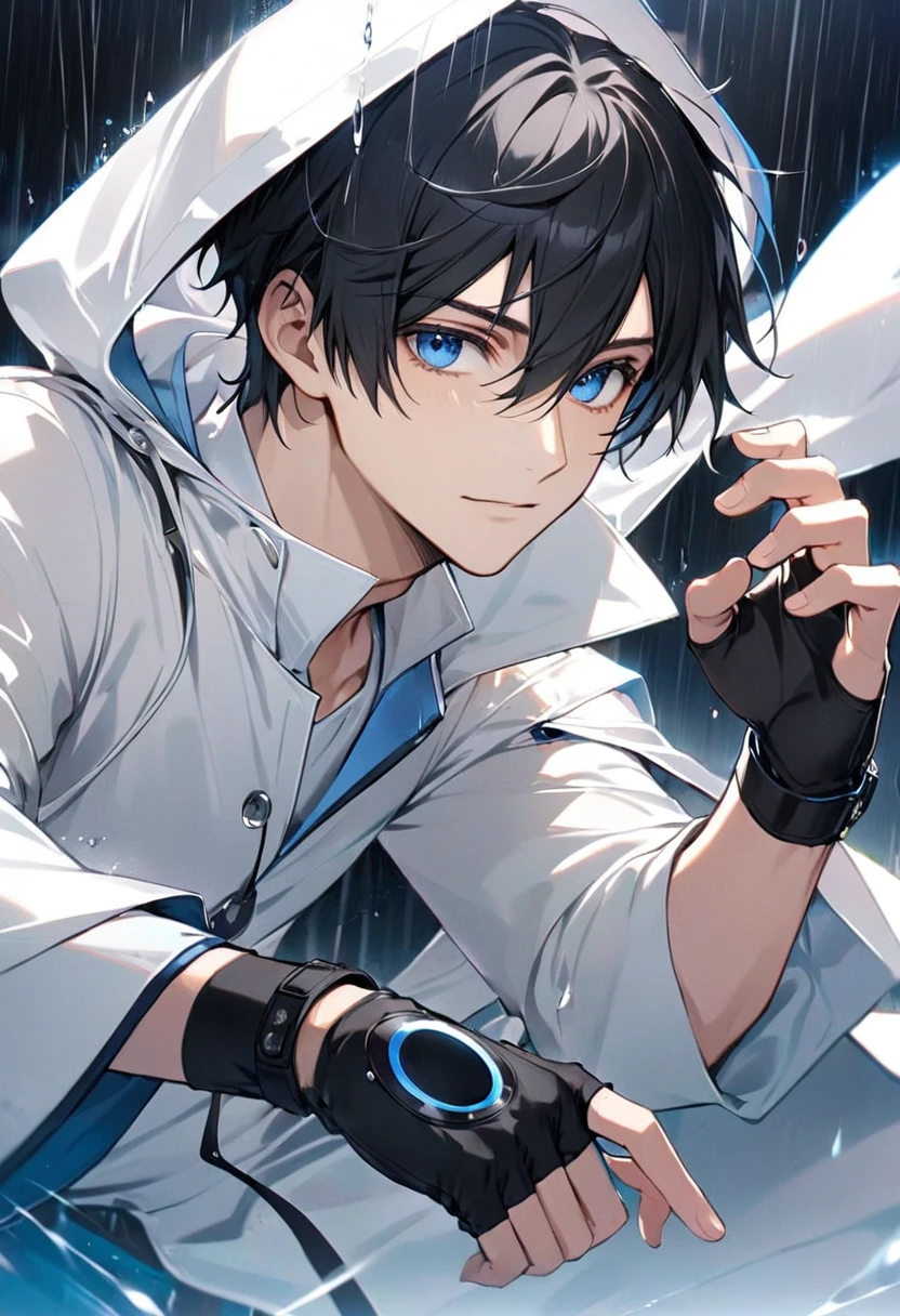 male, adult male, black hair, very short hair, blue eyes, white shirt, white raincoat, black gloves, short gloves, fingerless gloves 