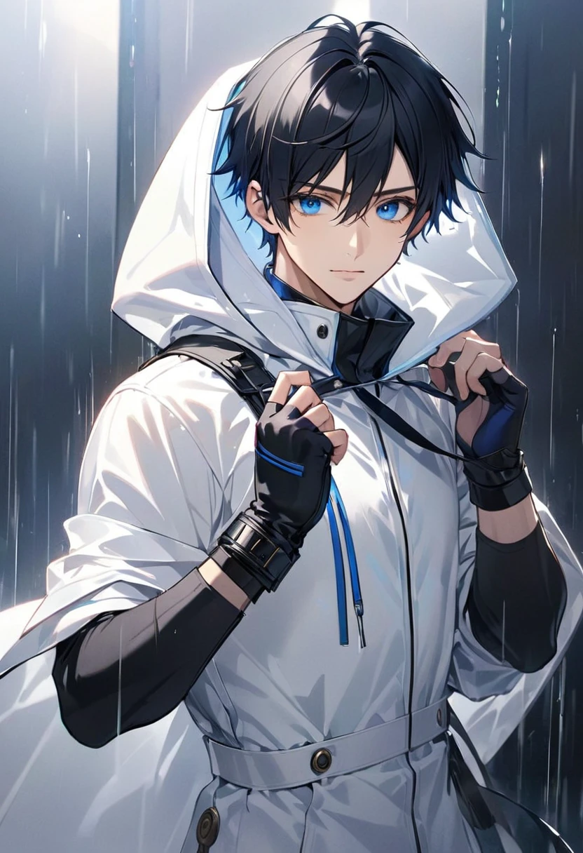 male, adult male, black hair, very short hair, blue eyes, white shirt, white raincoat, black gloves, short gloves, fingerless gloves 