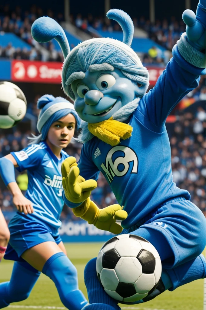 Promotion image of a soccer match with the Smurfs teams against Emmanueles