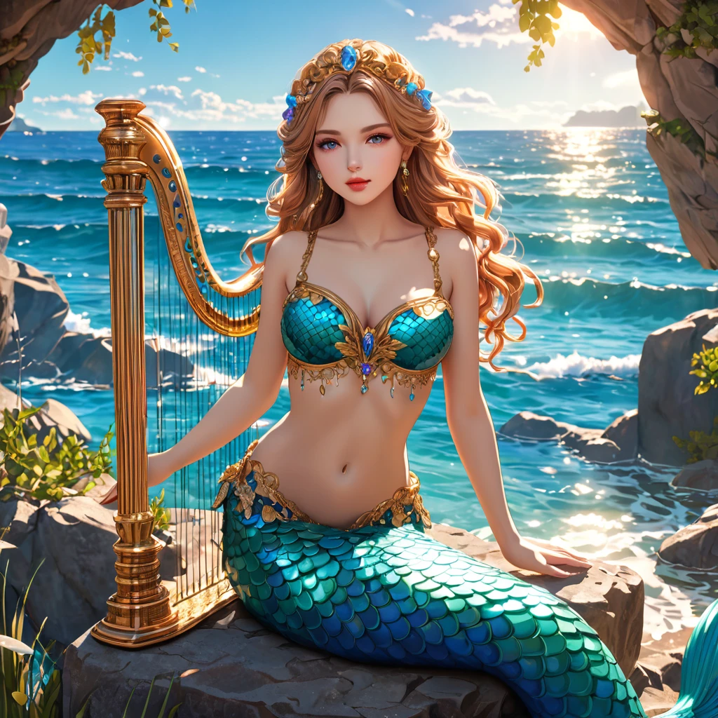 cute 20 year old mermaid with golden wavy hair with pretty hair accessoires in the ocean below the surface sitting on a stone playing a golden harp in the sunlight, sun is shining, wears a golden glittery mermaid bra, beautiful mermaid, beautiful detailed human face, red lips, alluring eyes, elaborated mermaid baby blue tail, serene, masterpiece, full body shot, highres, high resolution, high quality, intricate details, extremely detailed, incredible details, full colored, complex details, insanely detailed and intricate, extremely detailed with rich colors. masterpiece, best quality, HDR, UHD, unreal engine, High quality, gorgeous, glamorous, 8k, super detail, gorgeous light and shadow, detailed decoration, detailed lines, glittery, fantasy, pretty colors, anime style