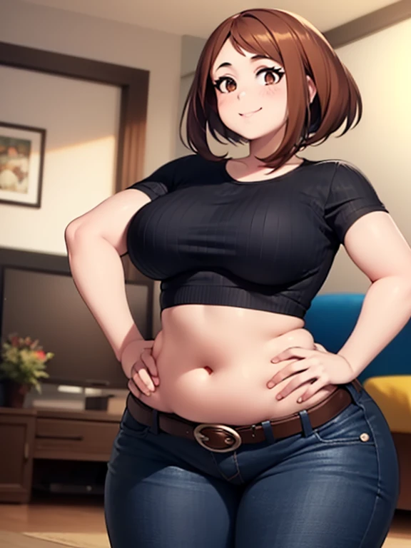 high quality, best quality, beautiful, perfect lighting, detailed face, mature face, ((1girl)), ((solo)), Imagine Ochaco Uraraka as an adult, 45 years old, MILF, plus sized milf, short brown hair, brown eyes, ((blush)), smile, looking at viewer, black leather pants, dark blue shirt, white belt, white heels, ((medium breasts)), wide hips, thick thighs, chubby, love handles, muffin-top, round belly, protruding gut, living room, hands on hips,
