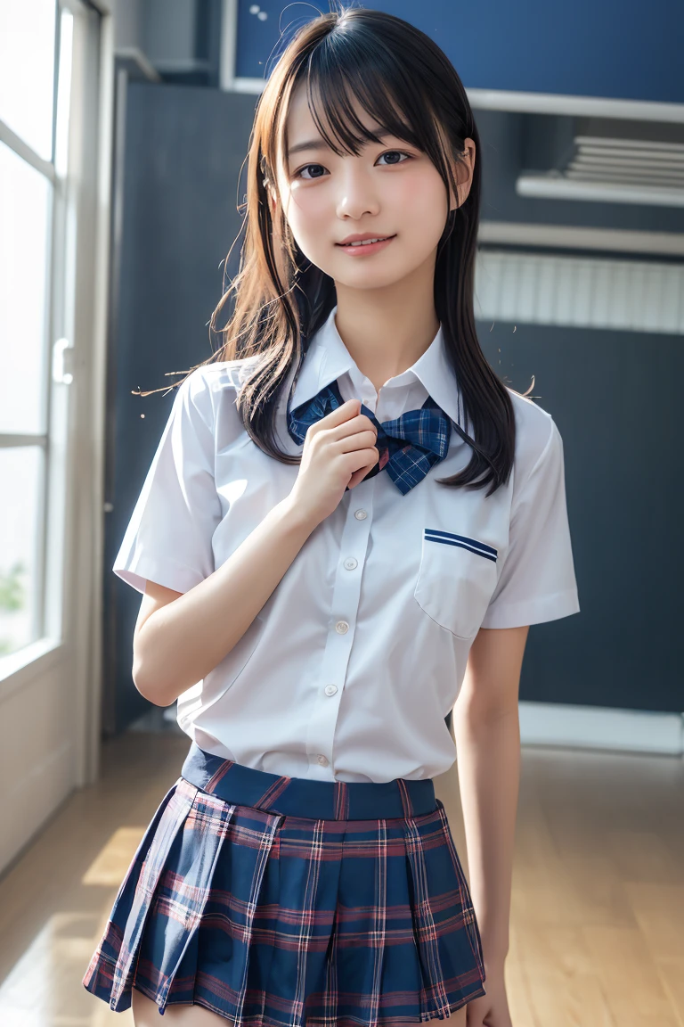 ((school uniform)),ribbon at neck,(school uniform and ((Plaid navy skirt)) and white shirt:1.1), Skin color, big , smile, (8k, RAW Photos, Highest quality, masterpiece:1.2), masterpiece, super detailed, super high quality, (Realistic and Realistic photography:1. 37), High-resolution RAW color photos, Very delicate and beautiful, highly detailed, 8k壁紙, wonderful, detailed, Very eye, very detailed, very detailed skin, very thin fingers, very detailed nose, very detailed mouth, Perfect Anatomy, Upper Body, studio, Soft lighting, A full-body shot of a cute idol wearing a one-piece swimsuit, Playful pose, Hands on hips, smile, Pastel Background, Realistic, Attention to detail, studio photography