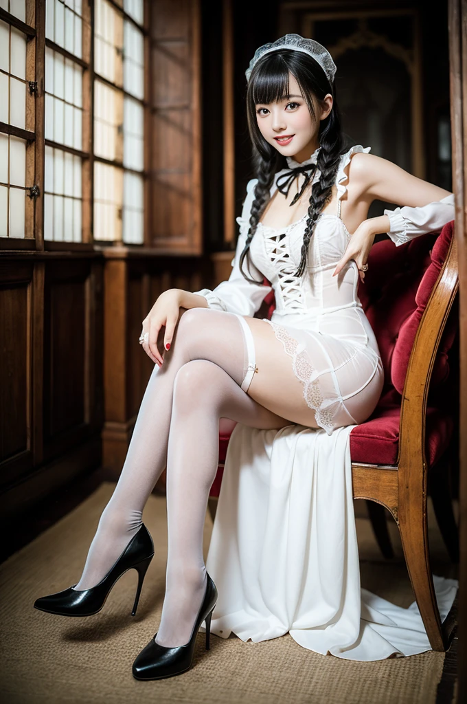 (Only one person), Pure Japanese young girl, wearing white gothic Lolita style dress and accessories, stockings, high heels, vivid makeup and lips, thick eyebrows, arranged hair styles, sweet smile, sitting in antique gothic style interior, summer midnight, pop atmosphere, dazzle me, professional photography, 