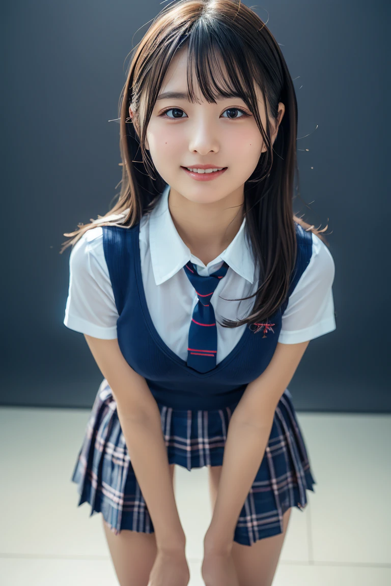 ((school uniform)),ribbon at neck,(school uniform and ((Plaid navy skirt)) and white shirt:1.1), Skin color, big , smile, (8k, RAW Photos, Highest quality, masterpiece:1.2), masterpiece, super detailed, super high quality, (Realistic and Realistic photography:1. 37), High-resolution RAW color photos, Very delicate and beautiful, highly detailed, 8k壁紙, wonderful, detailed, Very eye, very detailed, very detailed skin, very thin fingers, very detailed nose, very detailed mouth, Perfect Anatomy, Upper Body, studio, Soft lighting, A full-body shot of a cute idol wearing a one-piece swimsuit, Playful pose, Hands on hips, smile, Pastel Background, Realistic, Attention to detail, studio photography