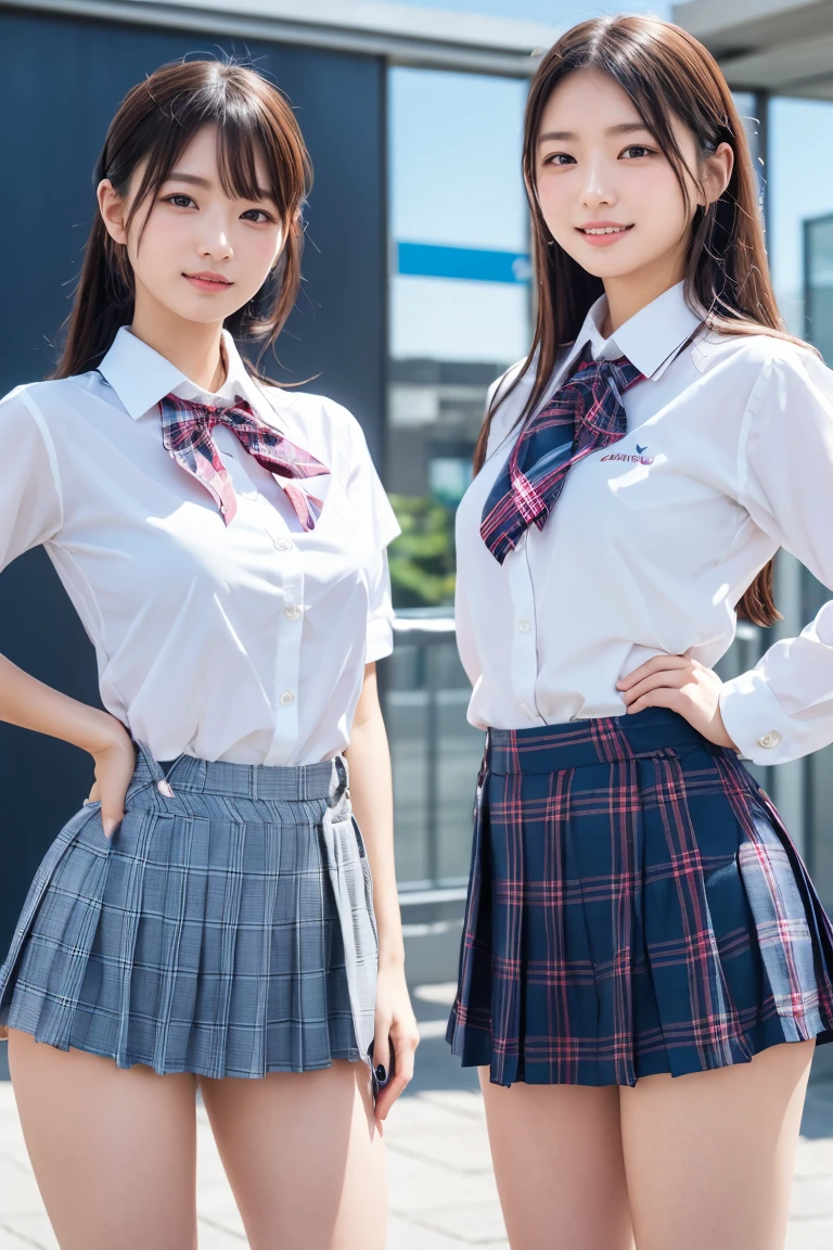 ((school uniform)),ribbon at neck,(school uniform and ((Plaid navy skirt)) and white shirt:1.1), Skin color, big , smile, (8k, RAW Photos, Highest quality, masterpiece:1.2), masterpiece, super detailed, super high quality, (Realistic and Realistic photography:1. 37), High-resolution RAW color photos, Very delicate and beautiful, highly detailed, 8k壁紙, wonderful, detailed, Very eye, very detailed, very detailed skin, very thin fingers, very detailed nose, very detailed mouth, Perfect Anatomy, Upper Body, studio, Soft lighting, A full-body shot of a cute idol wearing a one-piece swimsuit, Playful pose, Hands on hips, smile, Pastel Background, Realistic, Attention to detail, studio photography