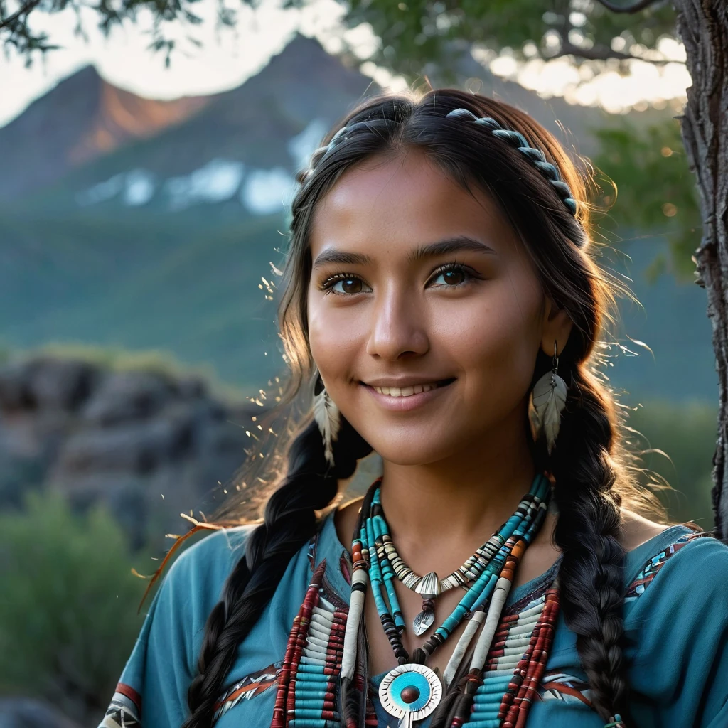 (grainy:0.5), cinematic, beautiful girl,native american,fantasy,(solo:1.3), detailed eyes, detailed face, detailed native american clothing , volumetric lighting, dusk, extremely detailed background, standing next to tree and mountain, smiling, half closed eyes, tilted head, from side