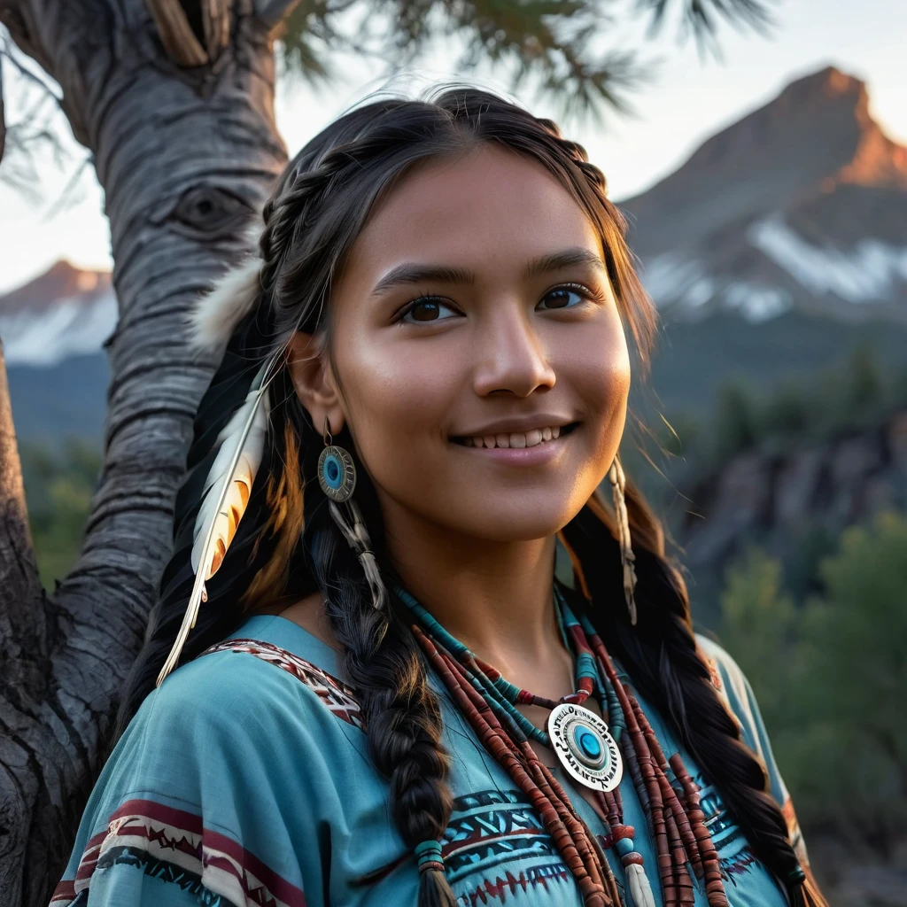 (grainy:0.5), cinematic, beautiful girl,native american,fantasy,(solo:1.3), detailed eyes, detailed face, detailed native american clothing , volumetric lighting, dusk, extremely detailed background, standing next to tree and mountain, smiling, half closed eyes, tilted head, from side