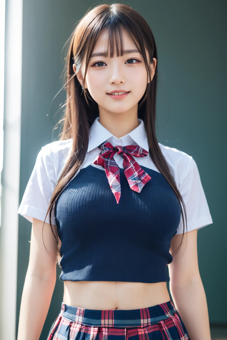 ((school uniform)),ribbon at neck,(school uniform and ((Plaid navy skirt)) and white shirt:1.1), Skin color, big , smile, (8k, RAW Photos, Highest quality, masterpiece:1.2), masterpiece, super detailed, super high quality, (Realistic and Realistic photography:1. 37), High-resolution RAW color photos, Very delicate and beautiful, highly detailed, 8k壁紙, wonderful, detailed, Very eye, very detailed, very detailed skin, very thin fingers, very detailed nose, very detailed mouth, Perfect Anatomy, Upper Body, studio, Soft lighting, A full-body shot of a cute idol wearing a one-piece swimsuit, Playful pose, Hands on hips, smile, Pastel Background, Realistic, Attention to detail, studio photography