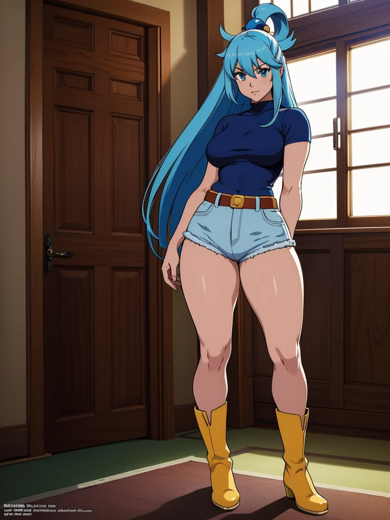 ((full body shot)),16k desktop wallpaper, 16k Ultra HD, 8k computer wallpaper, 8k Ultra HD, Photo),((top quality, highest resolution, portraits, award-winning, official art)), ((The perfect masterpiece)), ((realistic)) ,Aqua Konosuba, blue hair,Photoграфия сверхвысокого разрешения, very detailed, A woman with a beautiful face,（roll up your sleeves：1.5）,White sleeveless T-shirt,denim shorts, belt,short boots,Long legs, navel exposed, a dark room, Nice warm colors, From head to toe, full body shot, Clean hands, perfect fingers, medium breast, curvaceous figure, View your viewers