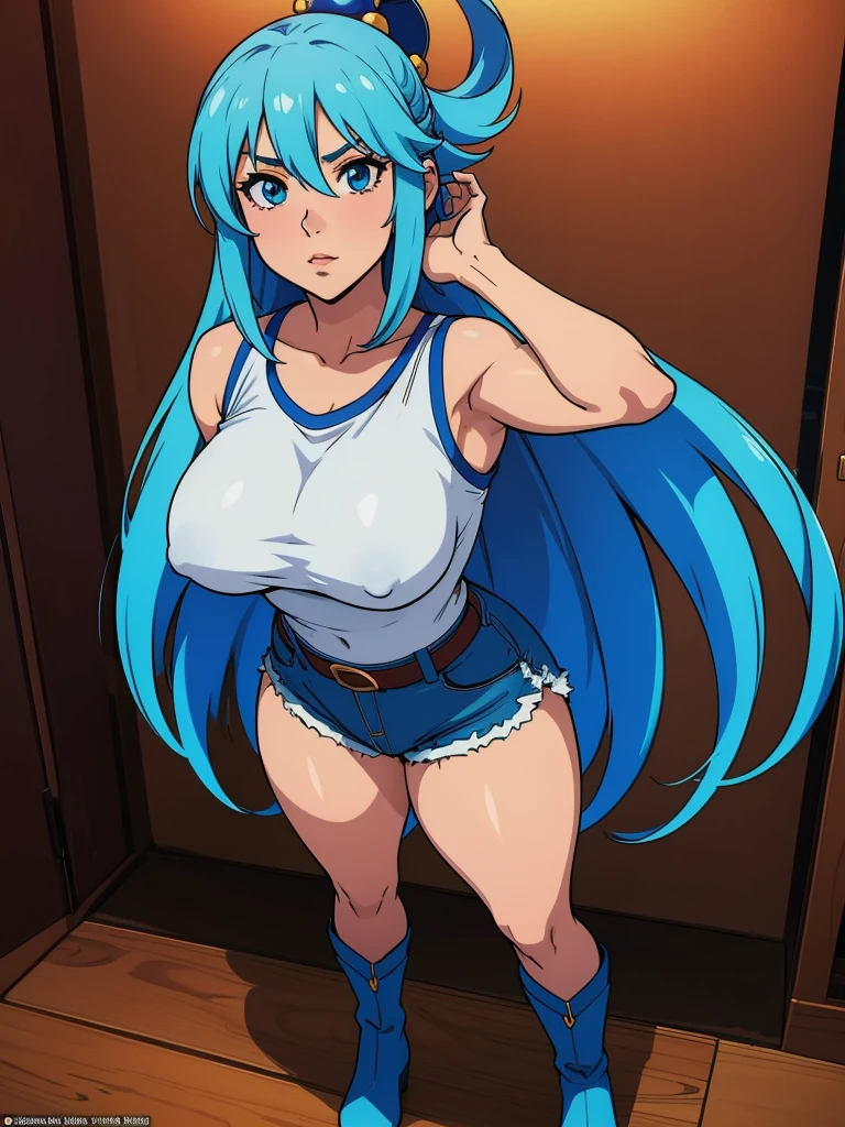 ((full body shot)),16k desktop wallpaper, 16k Ultra HD, 8k computer wallpaper, 8k Ultra HD, Photo),((top quality, highest resolution, portraits, award-winning, official art)), ((The perfect masterpiece)), ((realistic)) ,Aqua Konosuba, blue hair,Photoграфия сверхвысокого разрешения, very detailed, A woman with a beautiful face,(roll up your sleeves:1.5),White sleeveless T-shirt,denim shorts, belt,short boots,Long legs, navel exposed, a dark room, Nice warm colors, From head to toe, full body shot, Clean hands, perfect fingers, medium breast, curvaceous figure, View your viewers